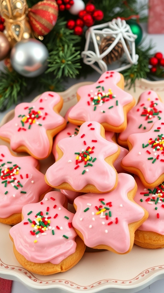 Pink frosted Christmas treats with sprinkles on a festive platter surrounded by holiday decorations.